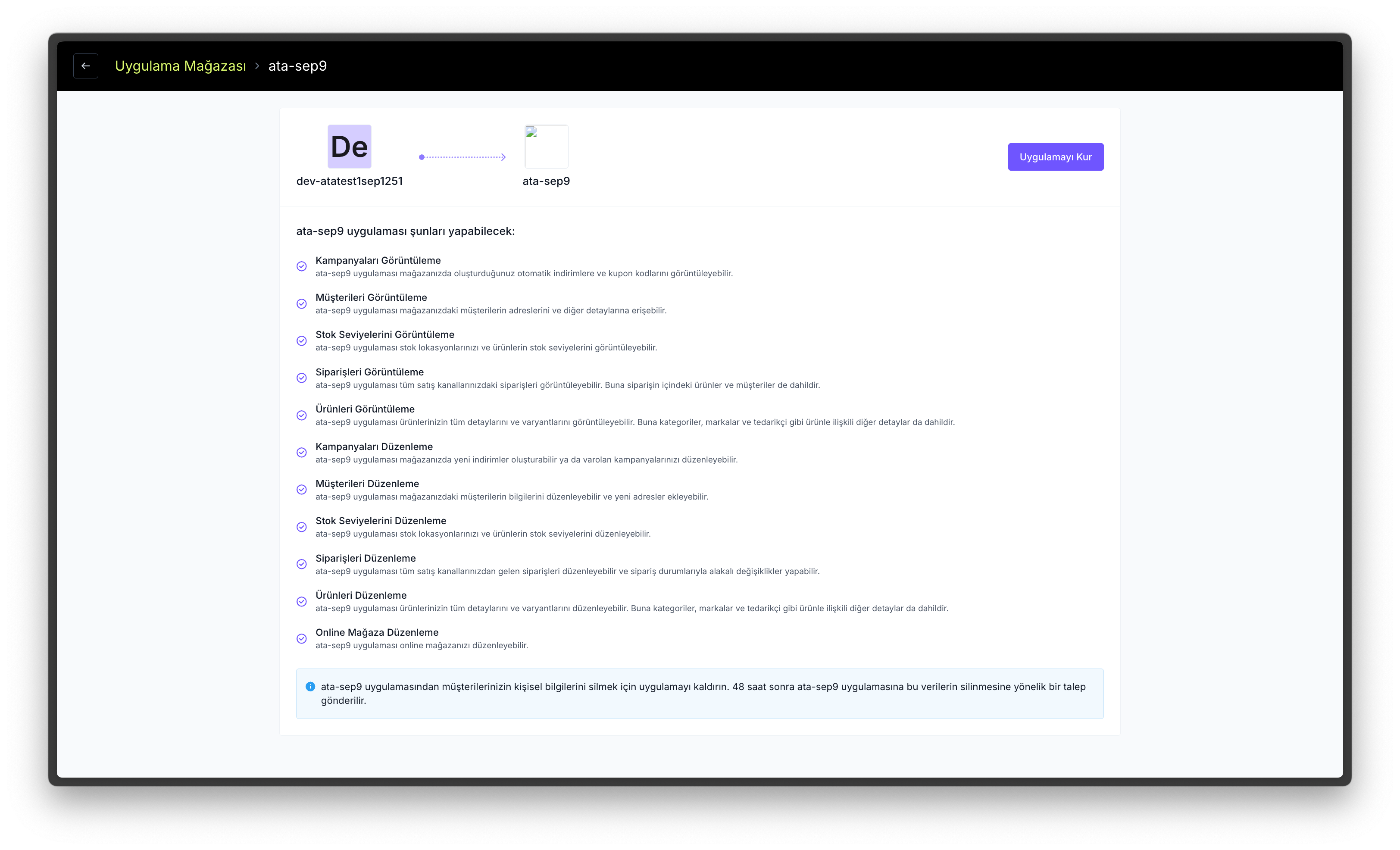 ikas admin panelinde uygulama kurulum sayfası