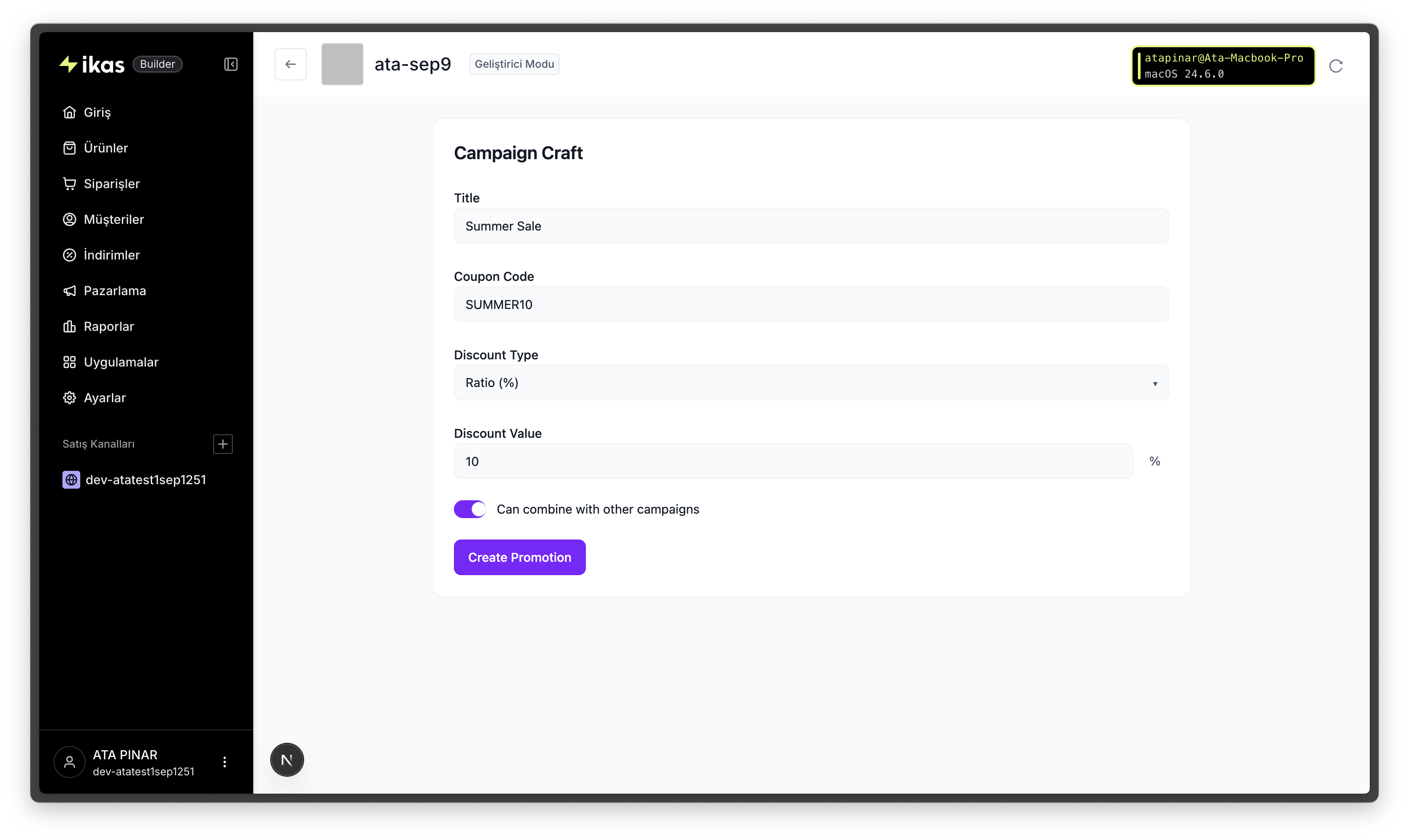 ikas dashboard with localhost tunnel connection