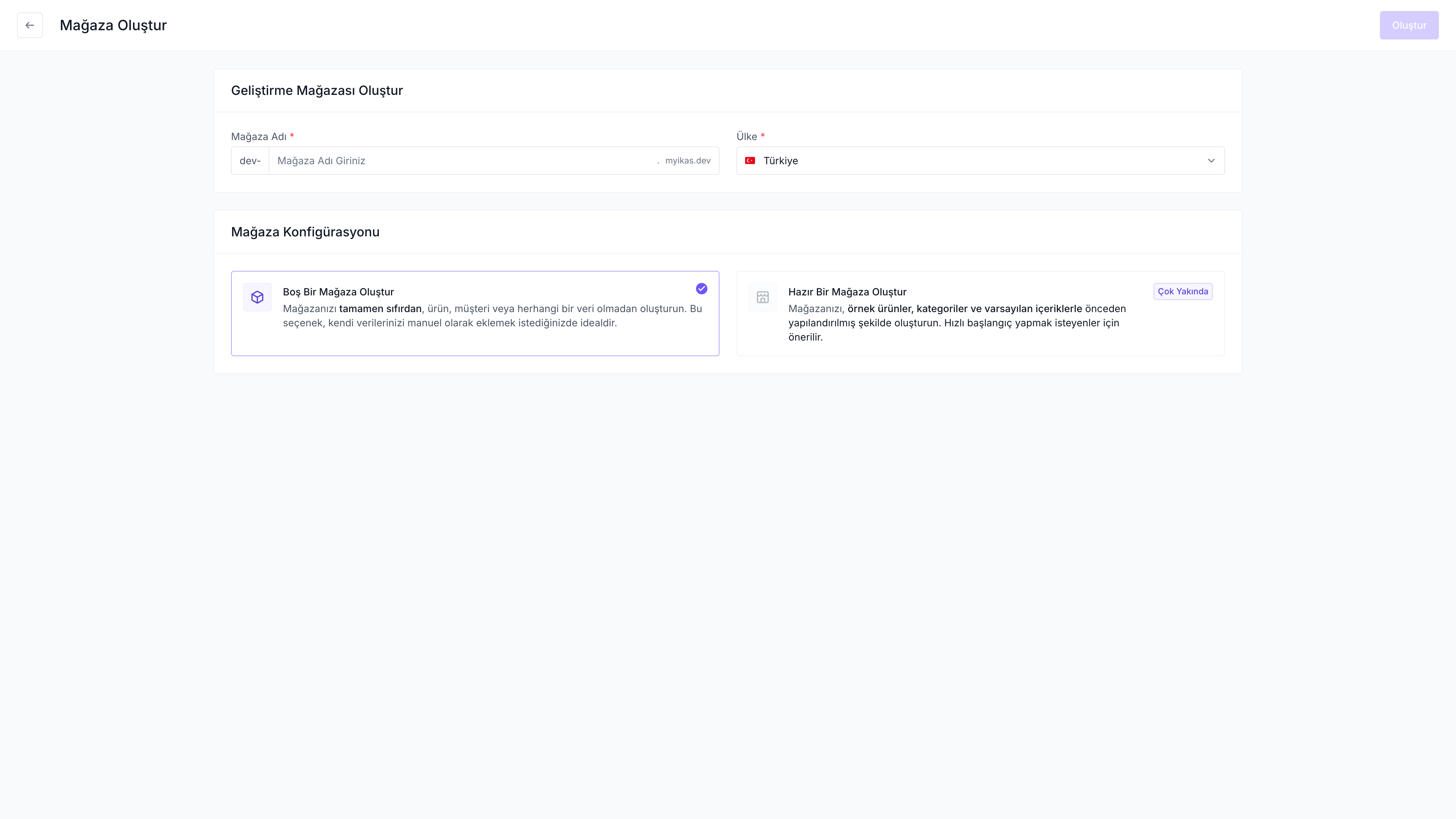 Geliştirme mağazası oluşturma detayları